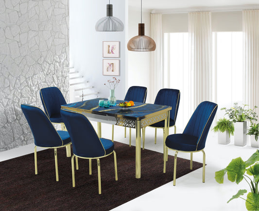 Blue Gold Dining Table & 6 Chairs Set