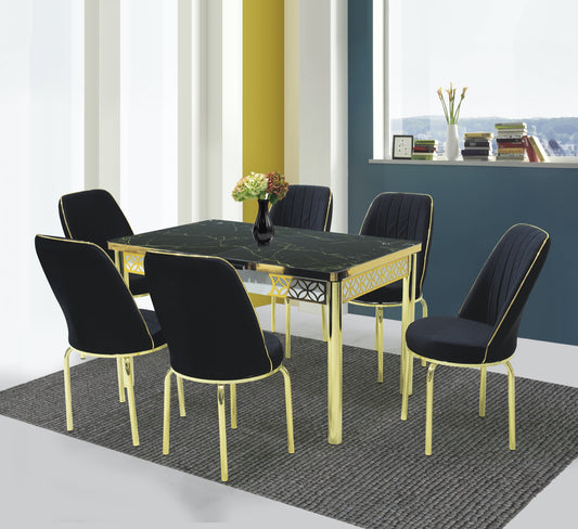 Black & Gold Marble Dining Table & 6 Chairs Set