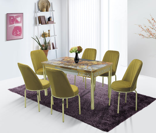 Anka Gold Dining Table & 6 Honey Gold Leg Chairs Set