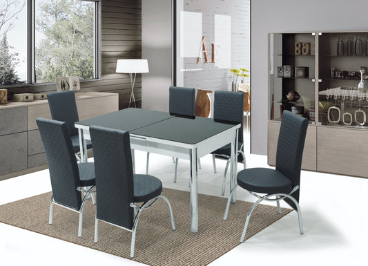Full Black Glass Dining Table & 6 Chairs Set